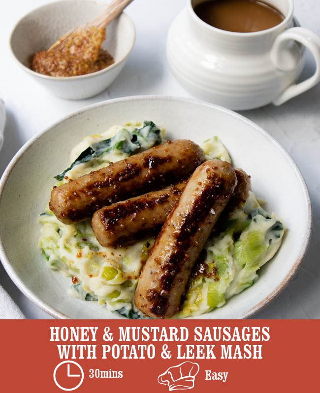 Honey & Mustard Sausages with Potato & Leek Mash