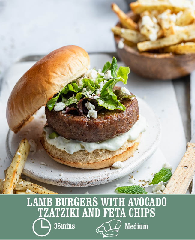 Lamb Burgers with Avocado Tzatziki and Feta Chips