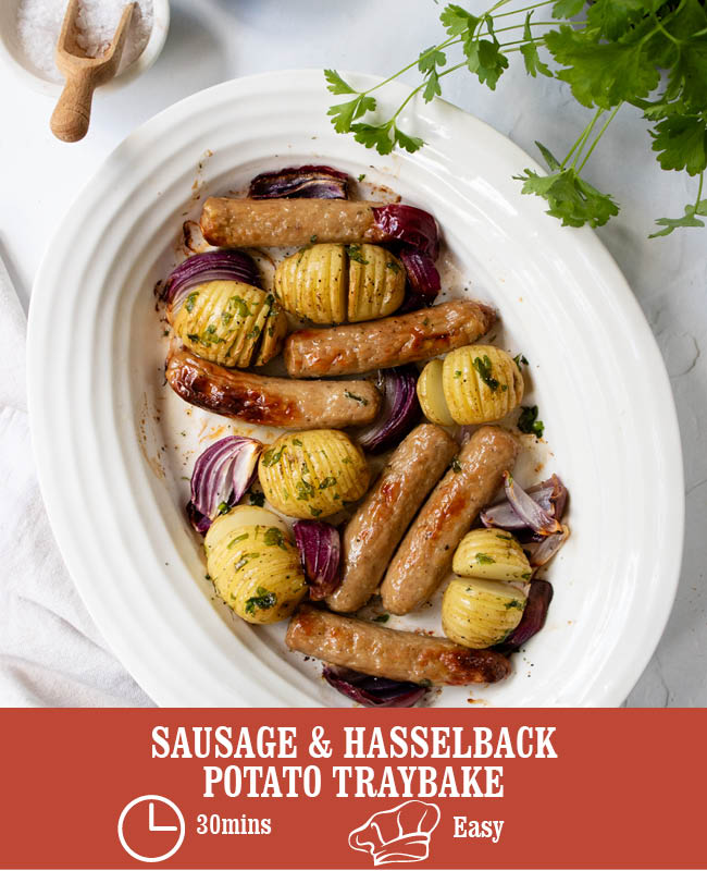 Sausage & Hasselback Potato Traybake