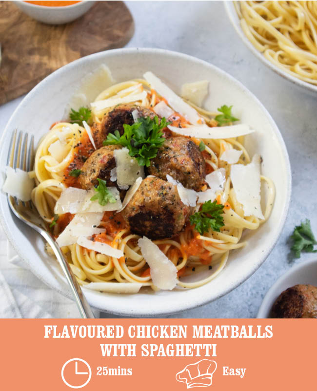 Flavoured Chicken Meatballs with Spaghetti