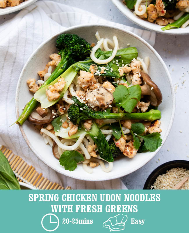 Spring Chicken Udon Noodles with Fresh Greens