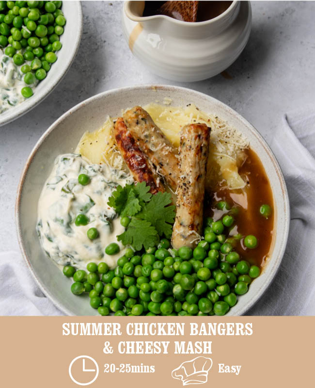 Summer Chicken Bangers & Cheesy Mash