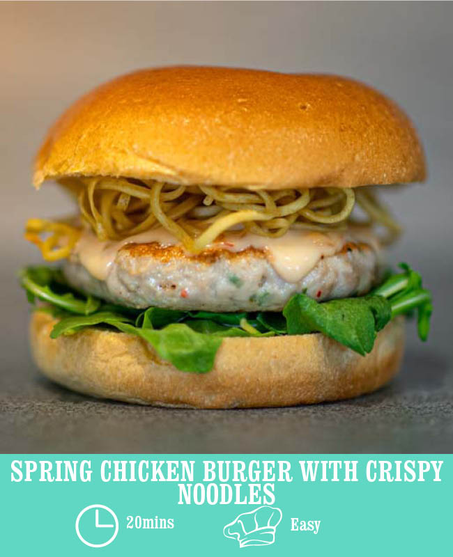 Spring Chicken Burger with Crispy Noodles